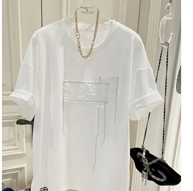 Oversized mens patchwork and decal open front short sleeved T-shirt casual loose fashionable top-notch summer trend T-shirt 250410