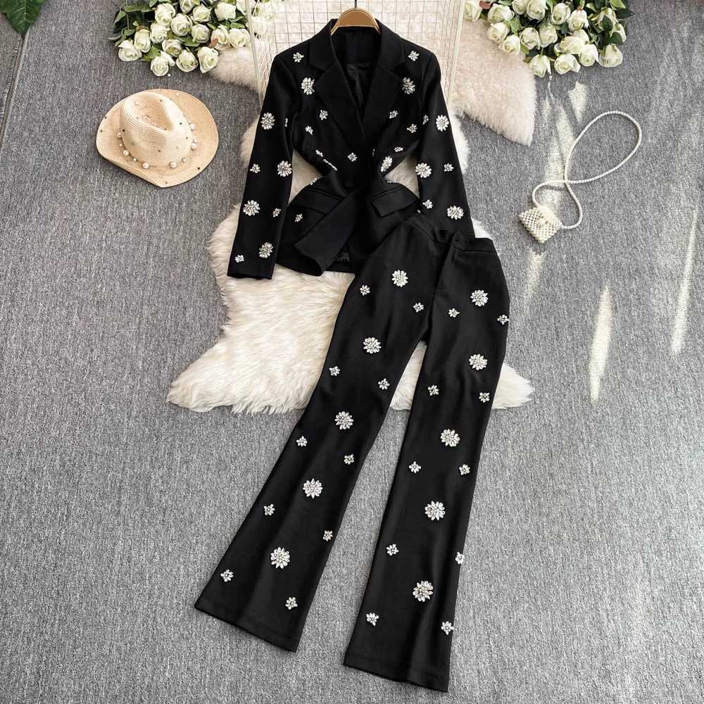 TWOTWINSTYLE Two Piece Set For Women Notched Collar Long Sleeve Spliced Button Coat High Waist Pant Fashion Set Female W251110