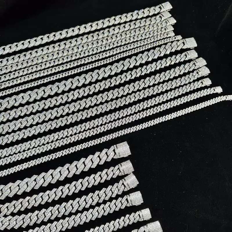 Wholesale 8-12mm VVS Moissanite Diamonds White Gold Plated 925 Silver Miami Iced Out Cuban Link Chain Mens Hip Hop Necklace