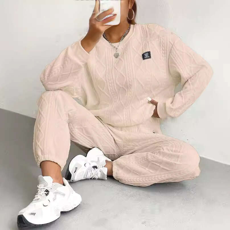 2024 autumn winter new European American women's jacquard long sleeved casual round neck hoodie and pants set