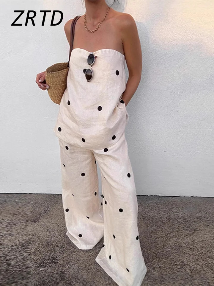 Fashion Backless Polka Dot Tops Pants Sets Women Loose Strapless Back Split Vest Pocket Wide Leg Pant 2025 Lady Vacation Outfits 250408