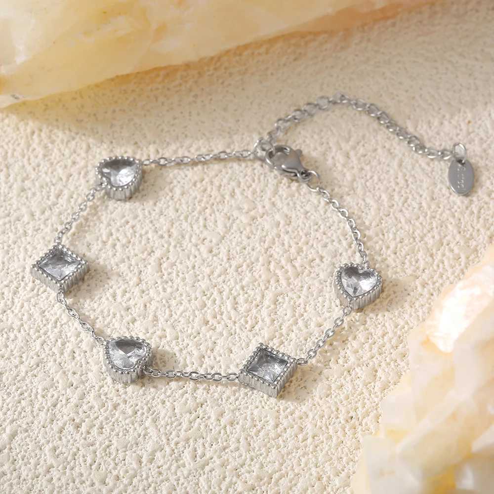 Colorful Square And Heart Zircon Bracelet For Women 18K Gold Plated No Tarnish Charm Womens Stainless Steel Braccelets JewelryT251110