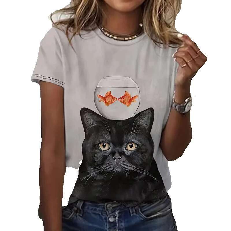 Men's women's short sleeved round neck T-shirts, 3D printed Kawaii cat and dog casual wear