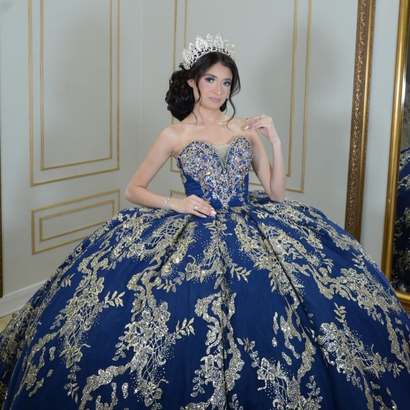 Royal Blue Quinceanera Dresses Off Shoulder Ball Gown Sweet 16 Dress Gold Applique Lace Beads Tull Birthday Party Vestidos 15 De Anos