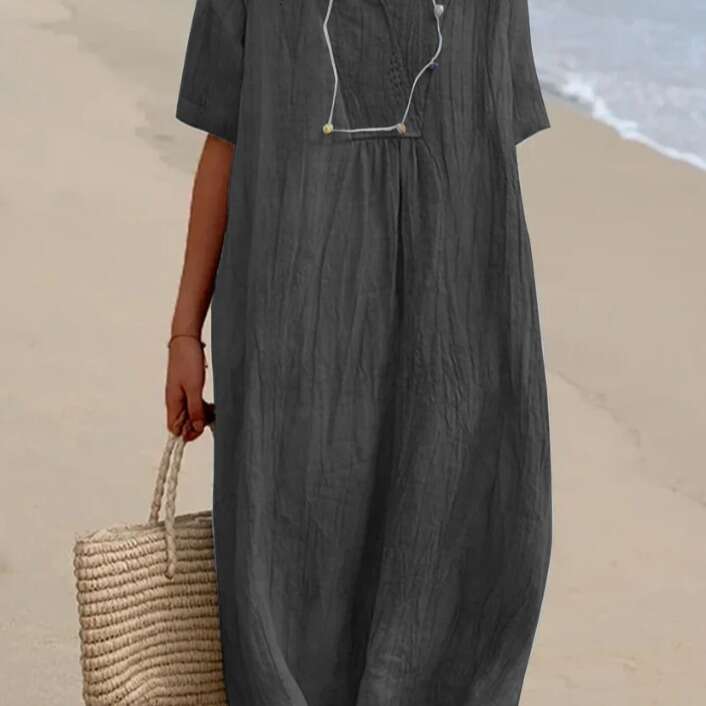 In Stock 2025 Spring/Summer New Women's Versatile Hot-Selling Casual Slimming Dress Solid Color Cotton Linen