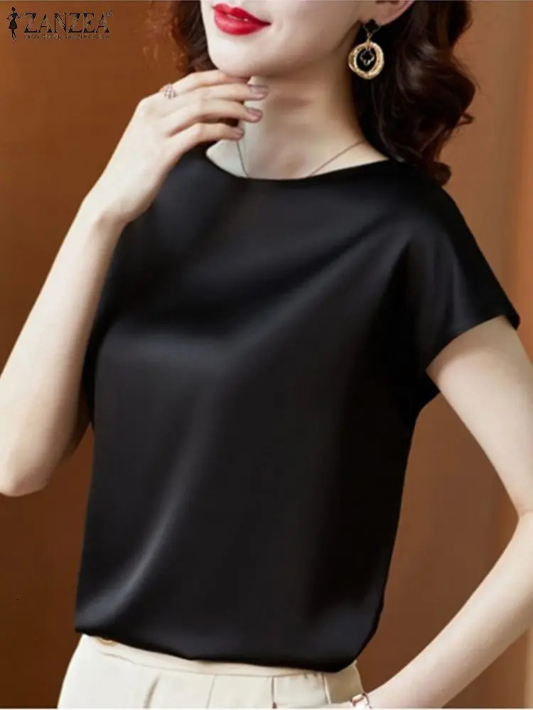 ZANZEA Summer Fashion Shirt Elegant Short Sleeve Satin Shirt Womens Fashion OL Work Shirt Womens Party Blusas Tunic Chemise 250409