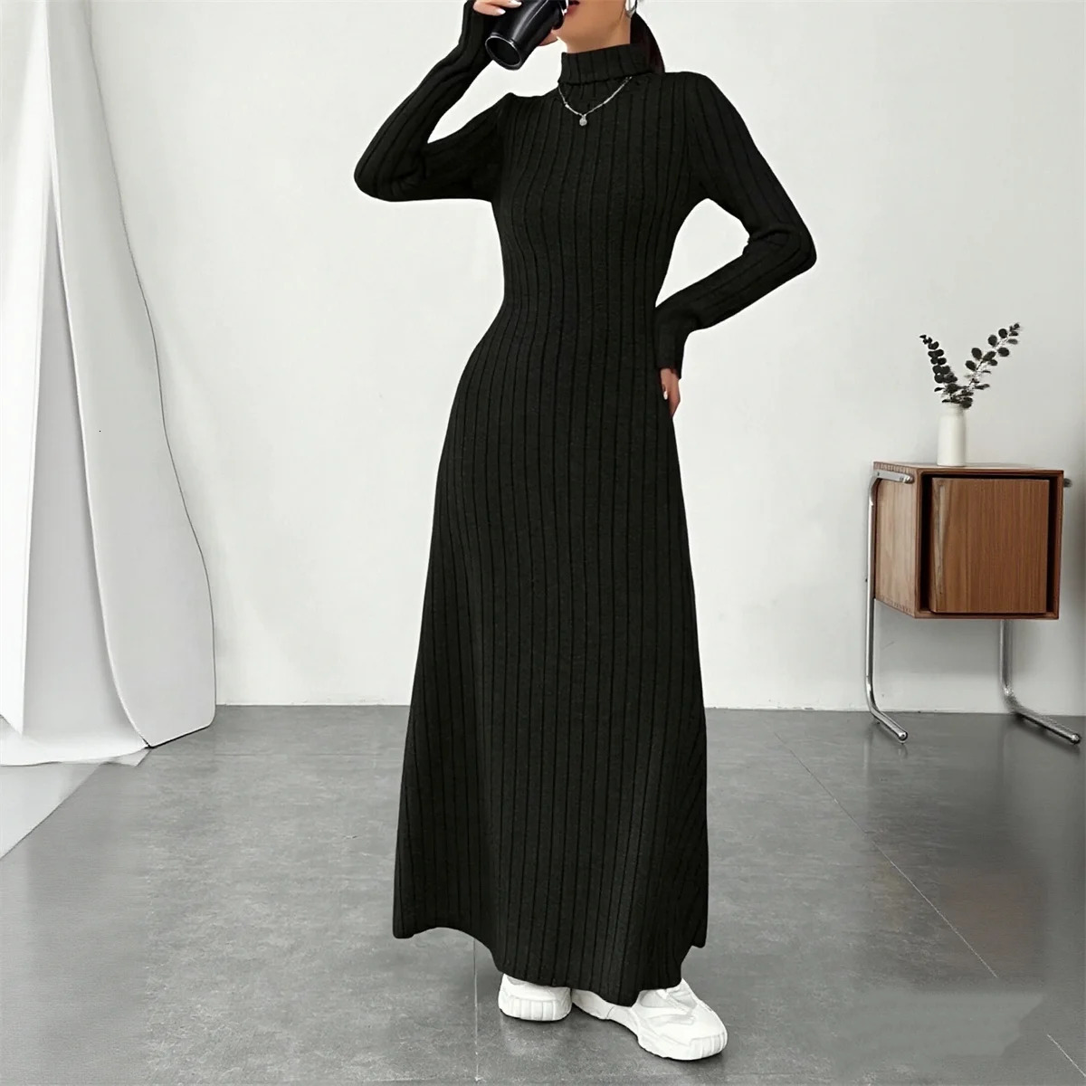 Knitted Elegant Long Sleeve Dress Women Autumn Winter Vintage Dresses Turtleneck Fashion Solid Vestidos Casual Street Y2K 251110