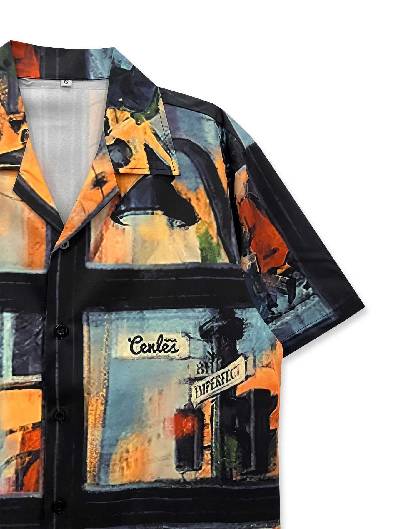 Mens casual printed shirt front button polyester short sLeeved shirt summer evening streetlight and scene X250410