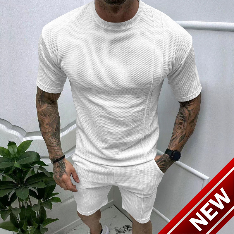 Tem summer mens casual slim fit sports top and shorts set