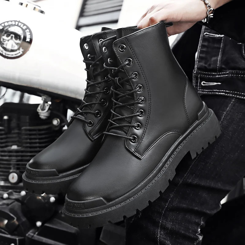 Black Mens Casual Leather Boots Fashion Winter Men Work Boot Mens Shoes Non-slip High Top Ankle Boots Motorcycle Shoes 251107