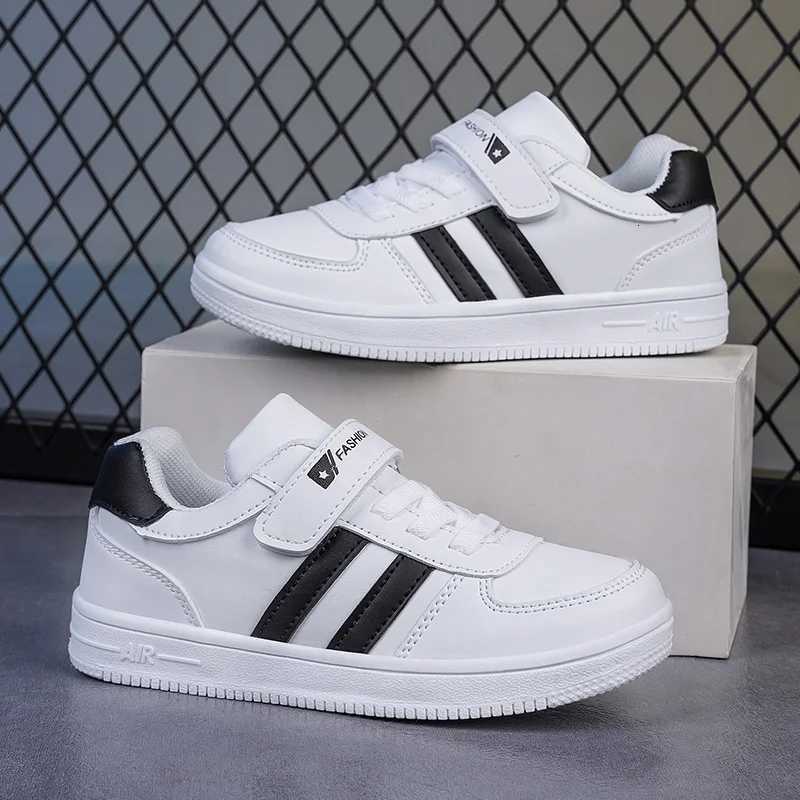 White Leather Classic Kids Casual Board Shoes with Fashion Black Stripes Boys Girls Non-Slip Sole Lightweight Sports SneakersT251110