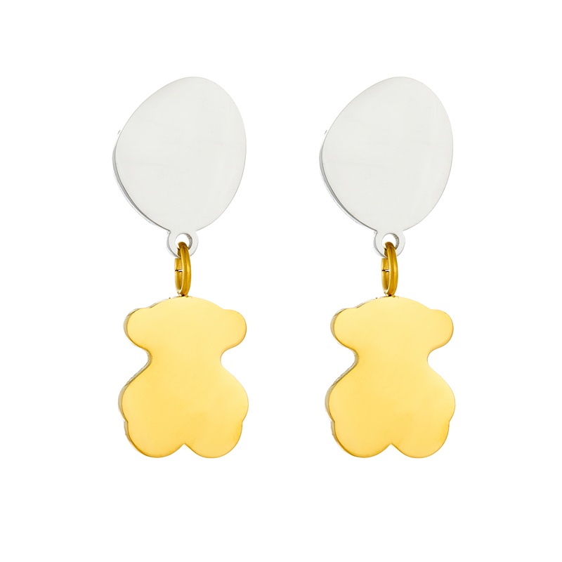 Hot Fashion Women Men Bear Silver Gold Stainless Steel Cartoon Animal Span Ellipse Stud Earrings Jewelry