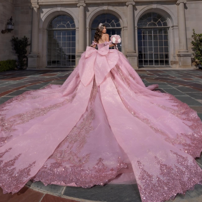 Pink Quinceanera Dresses Off The Shoulder Sequin Applique Lace Beading Crystal Bow Tull Party Birthday Sweet 16 Dress Vestidos 15 Anos