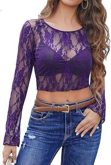 Cross-Border Amazon New Lace Top See-Through Hollow Long Sleeve Round Neck Thin Shirt Mesh Short Style