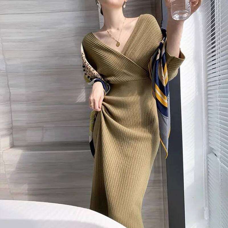 Knitted Sweater Women Autumn Winter New V-Neck With Long Slim Knit Dresses Female High Waist Elegant Evening Party Dress