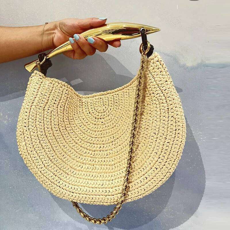 Classic Slim Beach Bags For Women Luxury Designer Handbag Purse 2025 New In Straw Woven Sequined Top Handle Chain Strap Shoulder