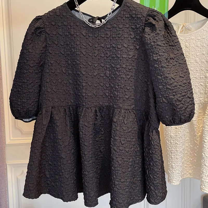 Womens clothing pleated loose pleated fashionable top summer short sleeved O-neck solid plus size casual T-shirt 250410