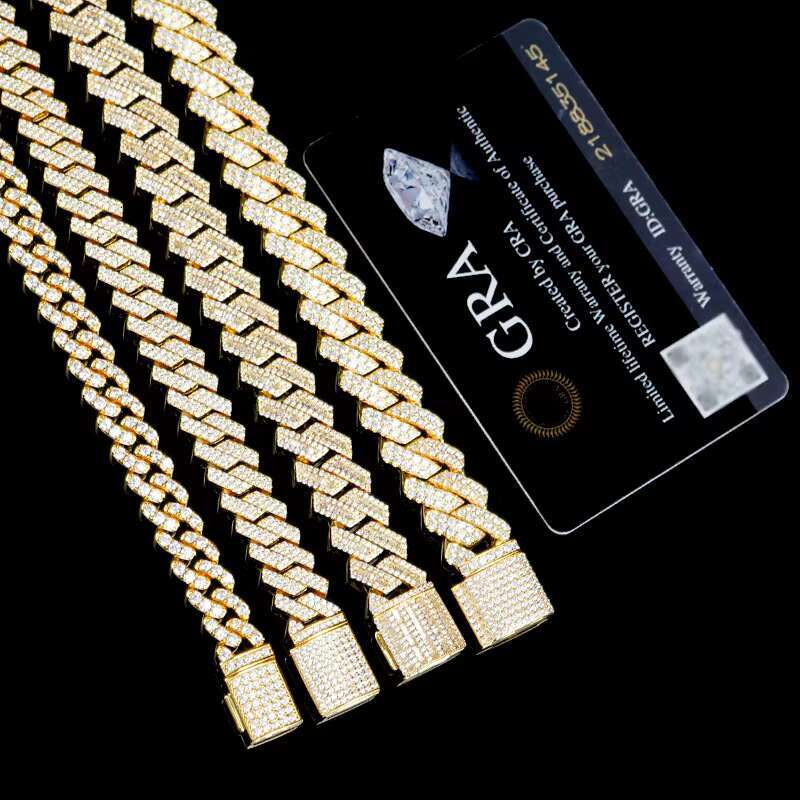 18k Gold Necklace 9mm-13mm 925 Sterling Silver Iced Out Iced Out Cuban Bagutte Vvs Moissanite Diamond Silver Cuban Link Chain