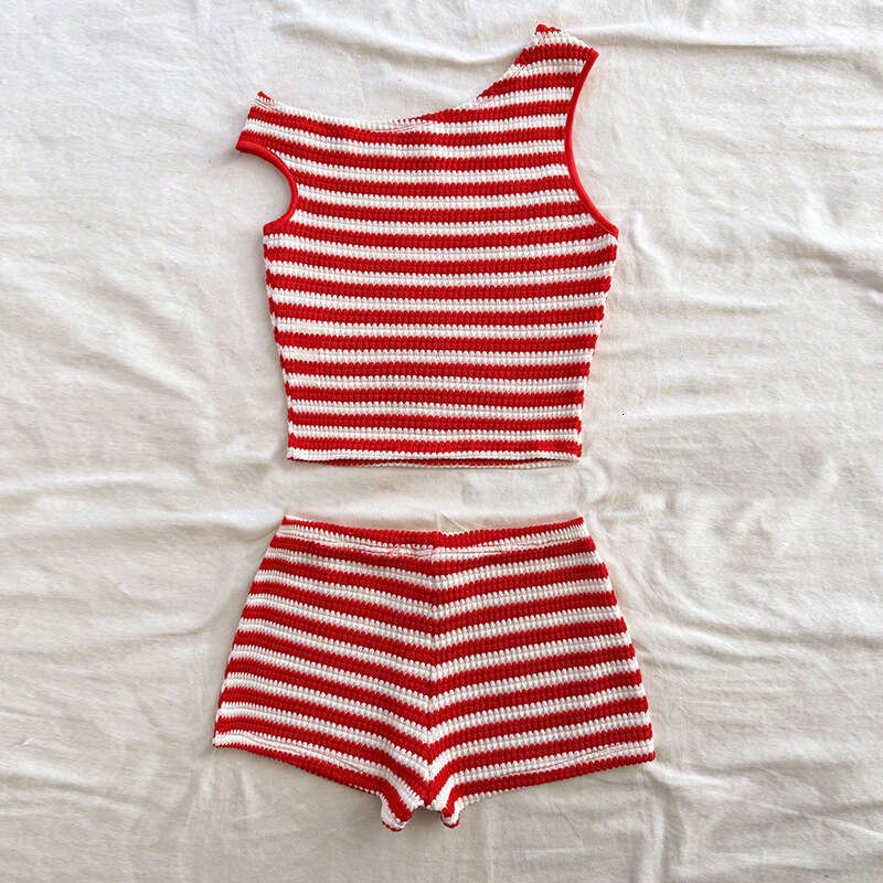 Rui Chuo Cross-Border Foreign Trade European American Striped Tank Shorts 2025 Summer Knitted Hot Pants and Top Two-Piece Set