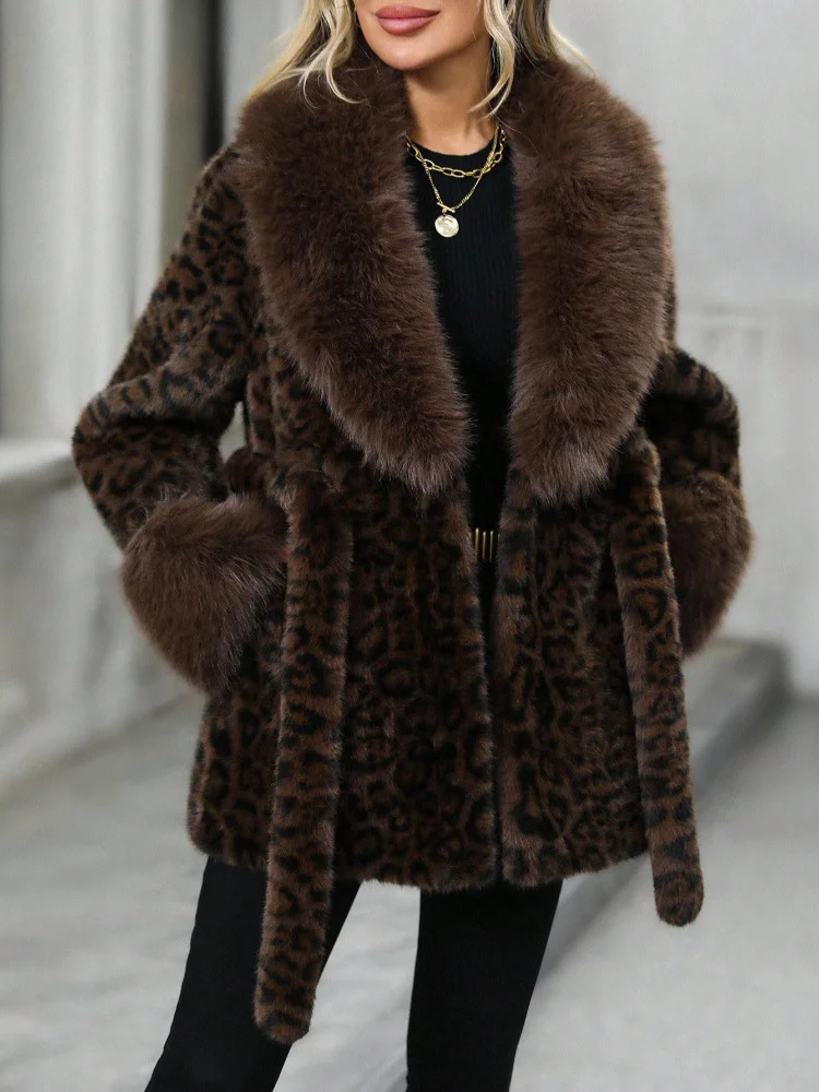 y Leopard Print Faux Fur Jacket Women Lapel Vneck Full Sleeve Lace Up Loose Warm Jackets Lady Winter Daily Street Coat 251110