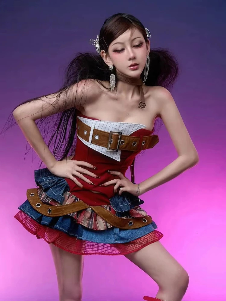 Preppy Style Vintage Red Denim Bustier Tops Sweet Spicy Pure Mini Cake Skirt Women 2 Piece Sets Summer 2025 Korea Style 250409