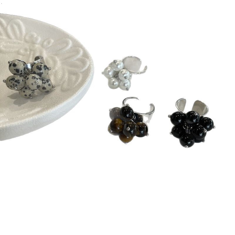 Handmade Designer Ring Natural Stone Black Agate Tiger Eye Stone Beaded Ring Fashion Ring Niche Exaggerated High-end Open Index Finger Ring