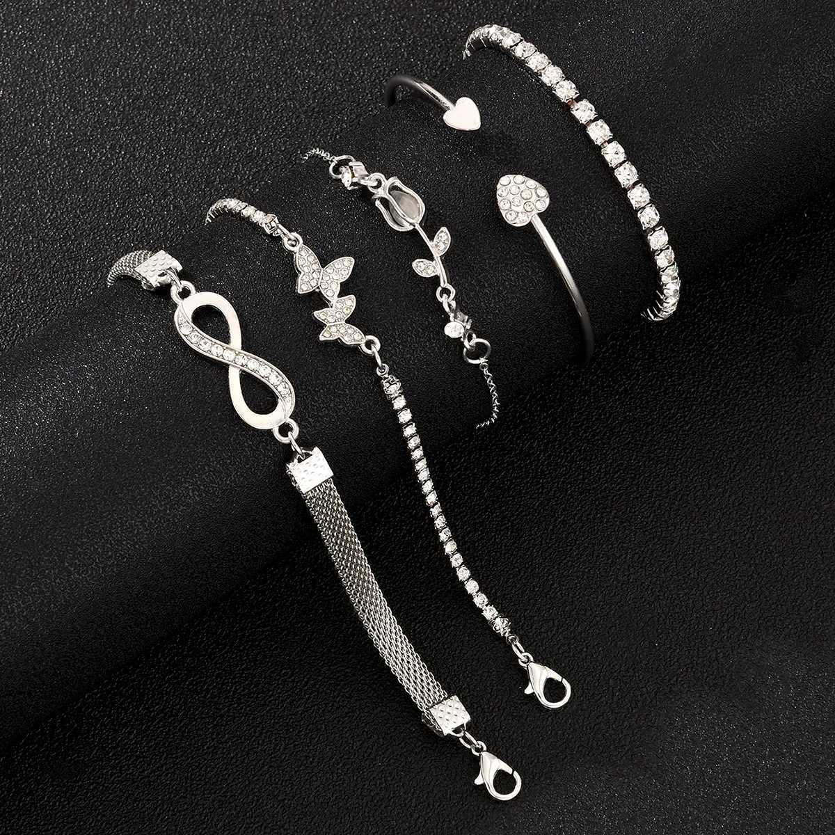 5Pcs Vintage Elegant Heart Butterfly Bracelets For Women Silver Color Rose Infinity Crystal Bracelets Sets Fashion Jewelry GiftT251110