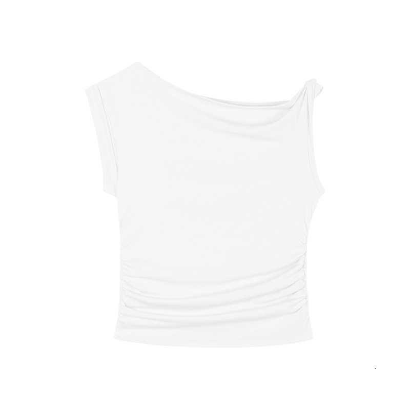 2025S Designer Women S T Shirt Spicy Girl Slanted Shoulder Sleeved T Shirt For Women In Summer Pure Desire Sexy Irregular Design Wrinkled Short Top