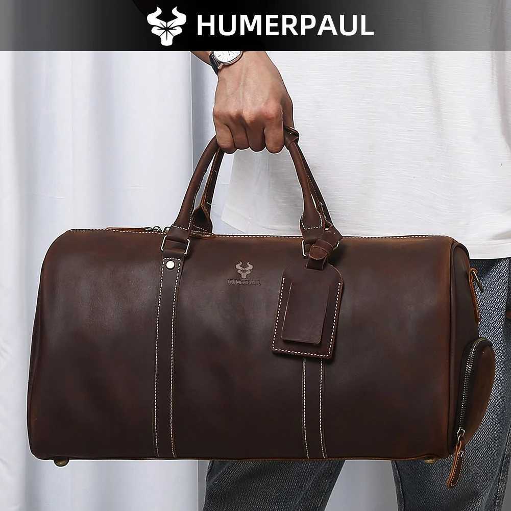 HUMERPAUL Crazy Horse Leather Business Duffel with 15 Laptop Compartment Shoe Pocket Large Capacity Luggage Travel Bag For Suit K251110