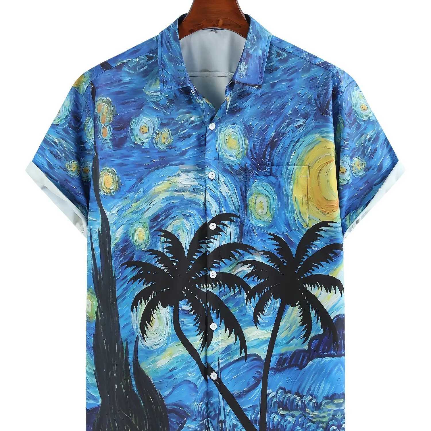 Mens Starry Night Printed Collar Button Casual Short Sleeve Shirt Mens Summer Hawaiian Shirt X250410