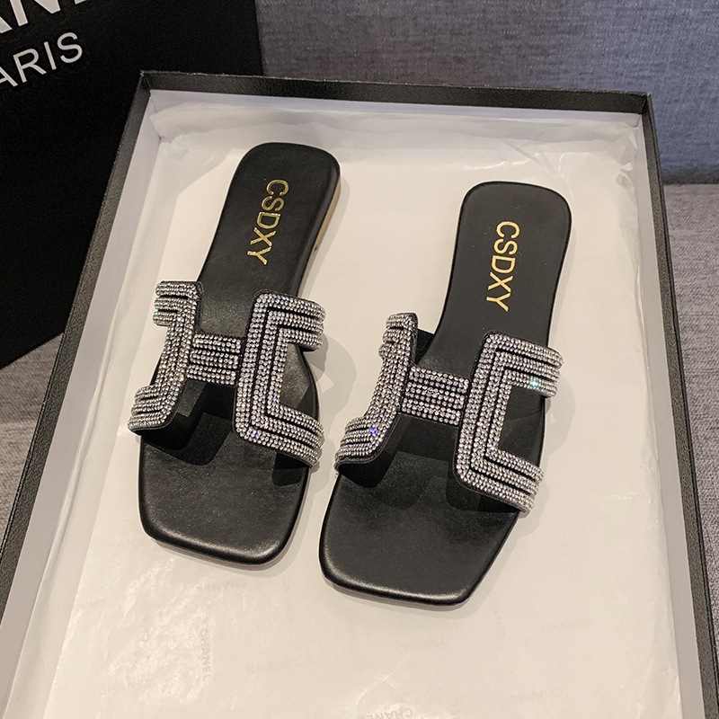 Designer's new fashion rhinestone flat slippers women's summer one-line square head slip-on home slippers black beige khaki