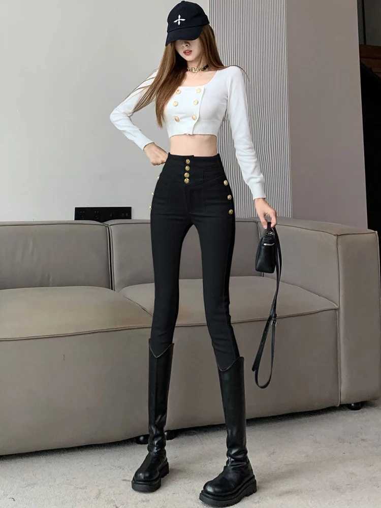 Winter Autumn Fleece New fashion jeans Women Single Breasted Decoration high Waist Black Elastic Slim Casual Pencil Pants C251110