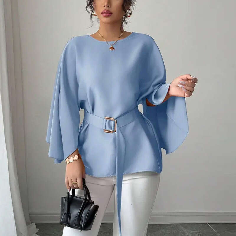 2025 Autumn New Cross-Border Independent Station Wish European and American Elegant Style Solid Color Shirt Blouse Flared Mid-Sleeve Women's Clot