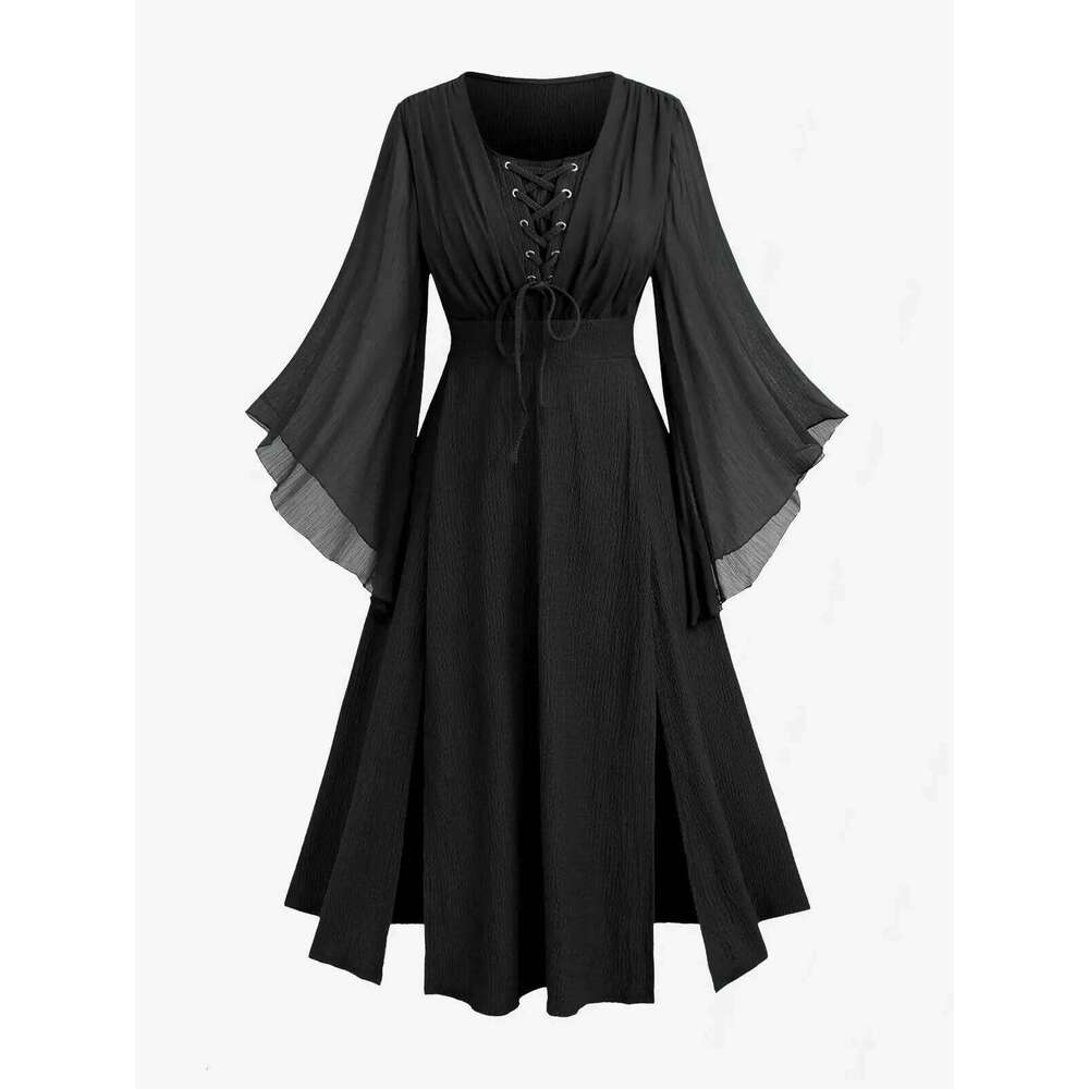 ROSEGAL Plus Size Dresses Lace Up Ruched Mesh Flare Sleeves Textured Split 2025 Autumn Women Daily Holiday Casual Dress