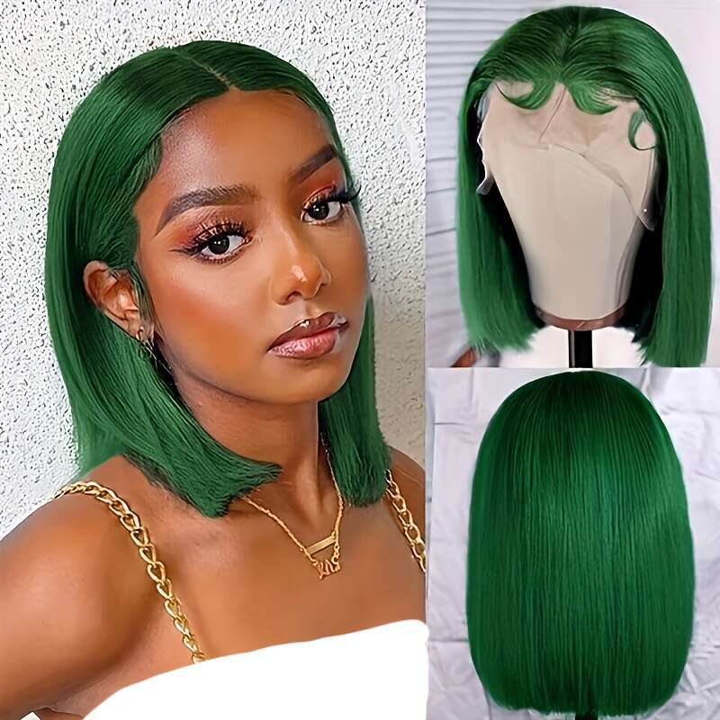 Colored 13X4 180% Density Dark Green Bob Wig Straight Lace Front Human Hair Wigs For Women