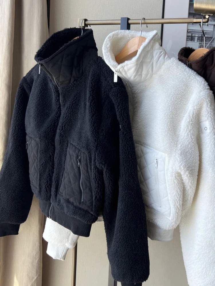Lamb Wool Spliced Short Jacket Autumn Thickened Warm Women Casual Stand Up Collar Zipper Winter 251110