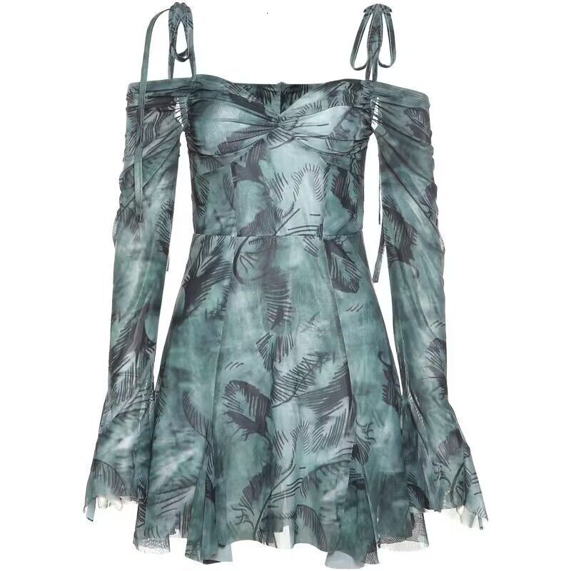 Women's 2025 Summer Sexy Off Shoulder Flare Sleeves Printed Waist Shrinking Slim Strap Dress