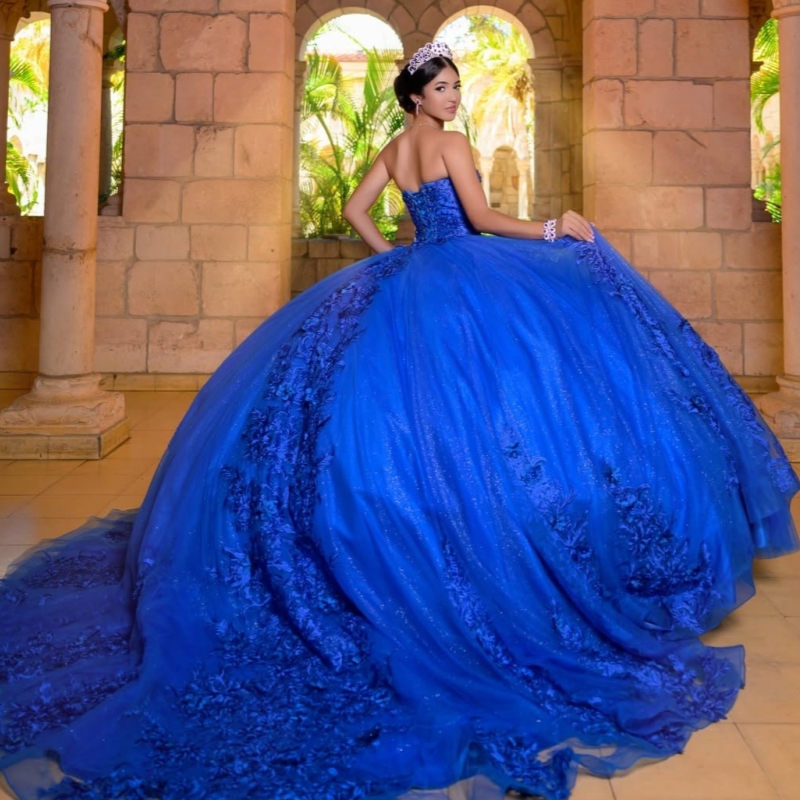 Royal Blue Shiny Quinceanera Dresses Off The Shoulder Applique Flower Beading Crystal Tull Party Birthday Sweet 16 Dress Vestidos 15 Anos