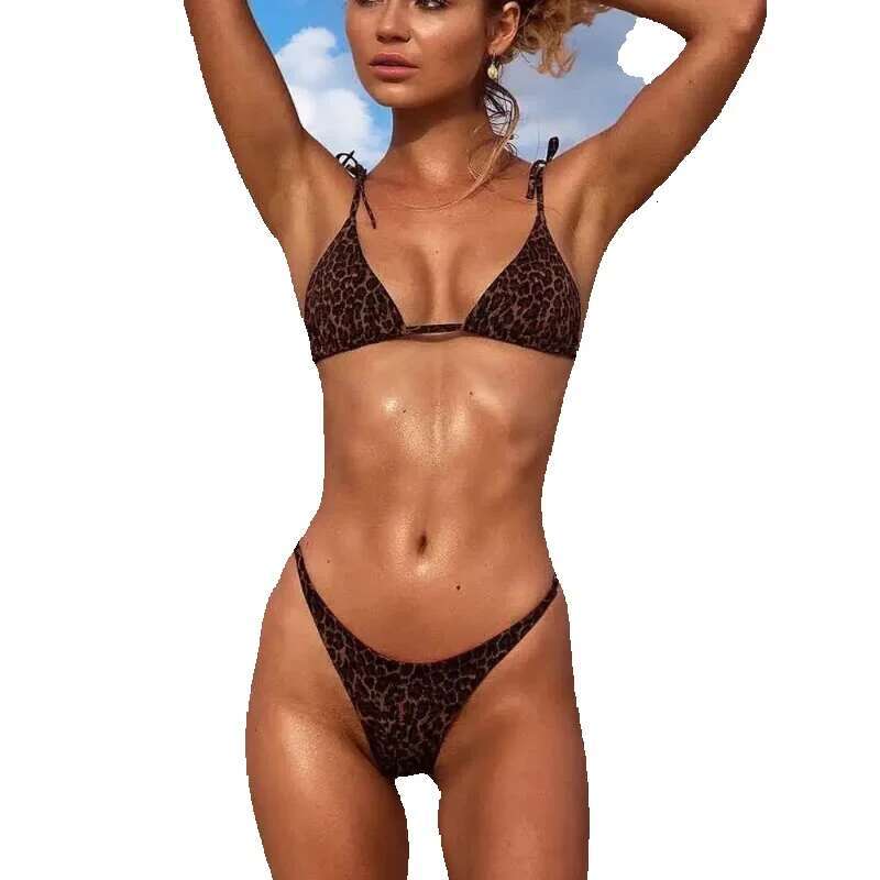 2024 Micro Leopard bikini women's high waisted bandage push up sexy swimsuit padded thong swimsuit, summer beach vacation 1