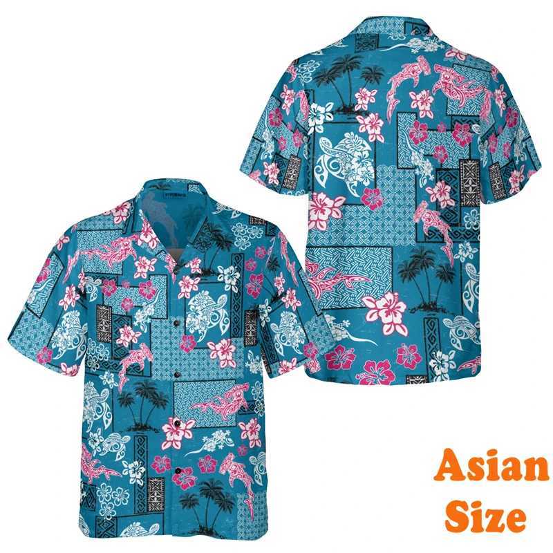 Summer vintage Polynesian shirt mens 3D printed turtle funny Hawaiian shirt collar short sleeved fashionable shirt X250410