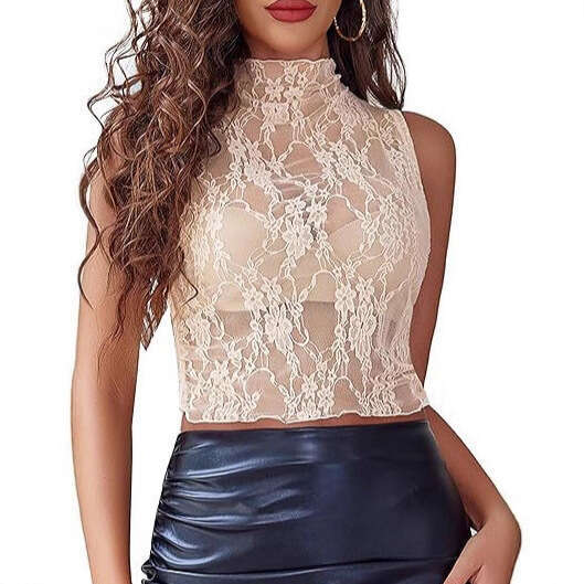 Amazon Cross-Border European and American Style Slim Fit See-Through Lace Pullover Base Shirt Mesh Top