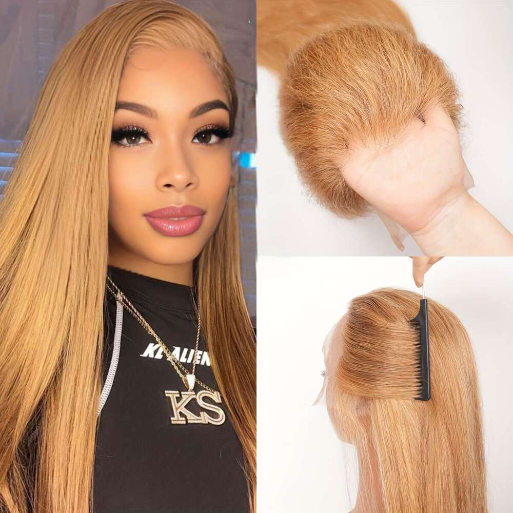 Straight Front #27 Wig HD Transparent Lace Frontal For Women Natural Hairline 180% Density Honey Blonde Human Hair Wigs