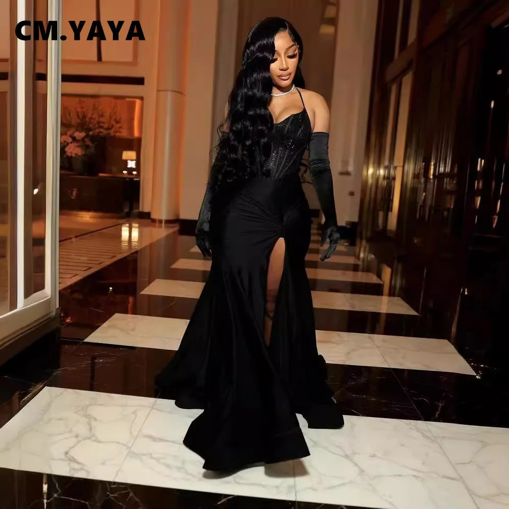 CM. YAYA Womens Diamond Sparkle Long Sleeve Gloves Bodycon Long Mermaid Maxi Dress Birthday Evening Sexy Party Dress Vestitos 250403