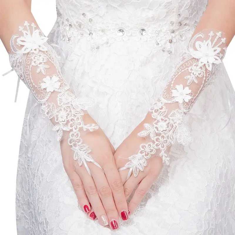 Women Wedding Short Fingerless Gloves Embroidery Lace Imitation Pearl Flower Applique Ribbon Bowknot Bridal Mittens L251110