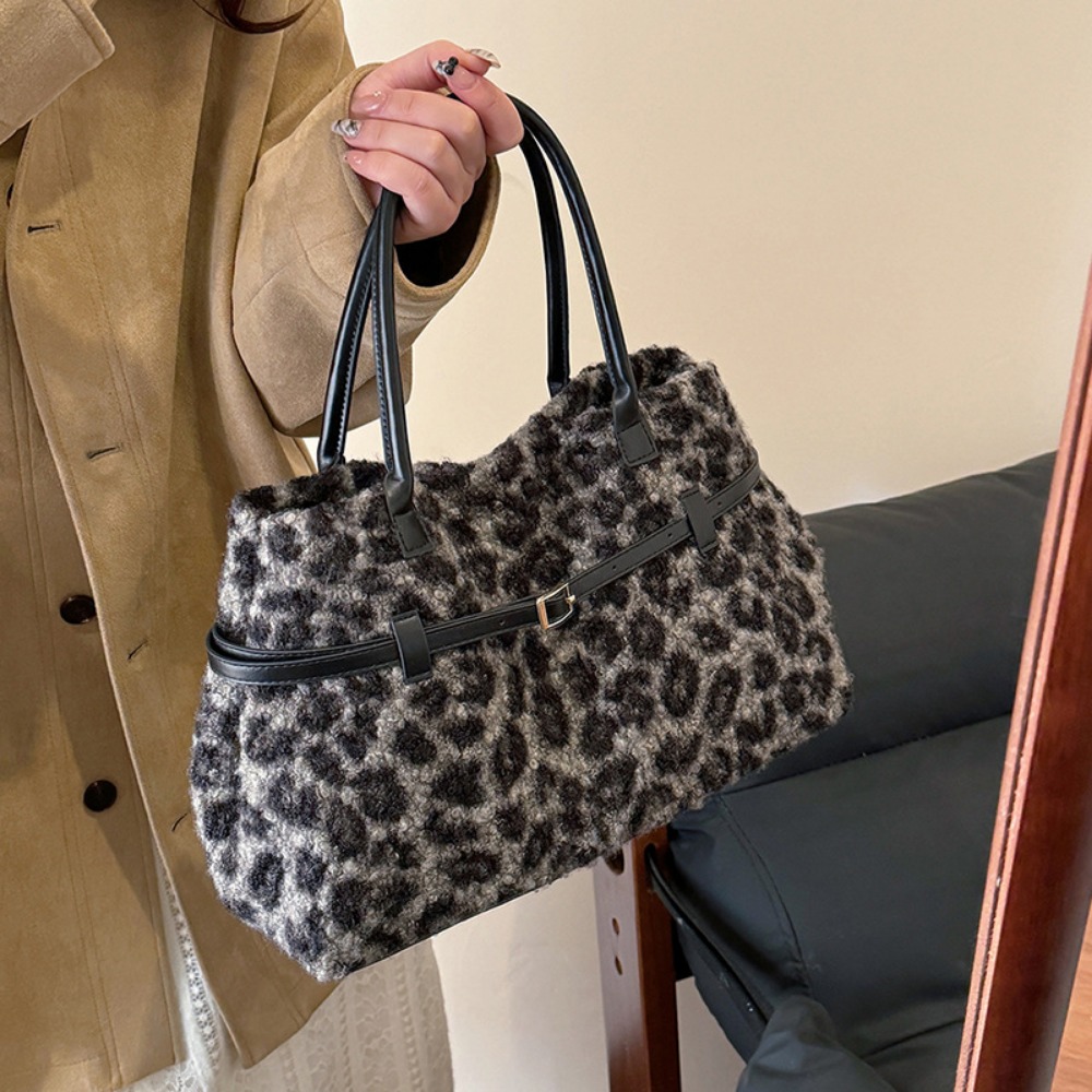 Stylish Vintage Ladies' Faux Lambskin Leopard Print Duffle for All Seasons Practical with Adjustable Strap Options