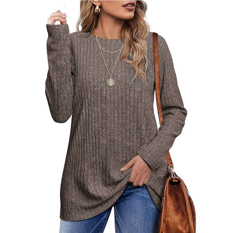 Amazon Cross-Border European and American Trade 2023 New Autumn Winter Round Neck Brushed Ribbed Solid Color Long Sleeve T-Shirt for Women