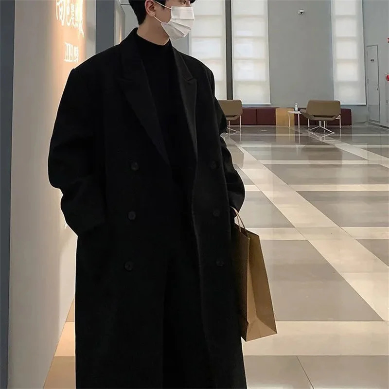 Winter woolen coat mens long style with cotton over the knee woolen windbreaker thickened coat Korean version loose fit 251103