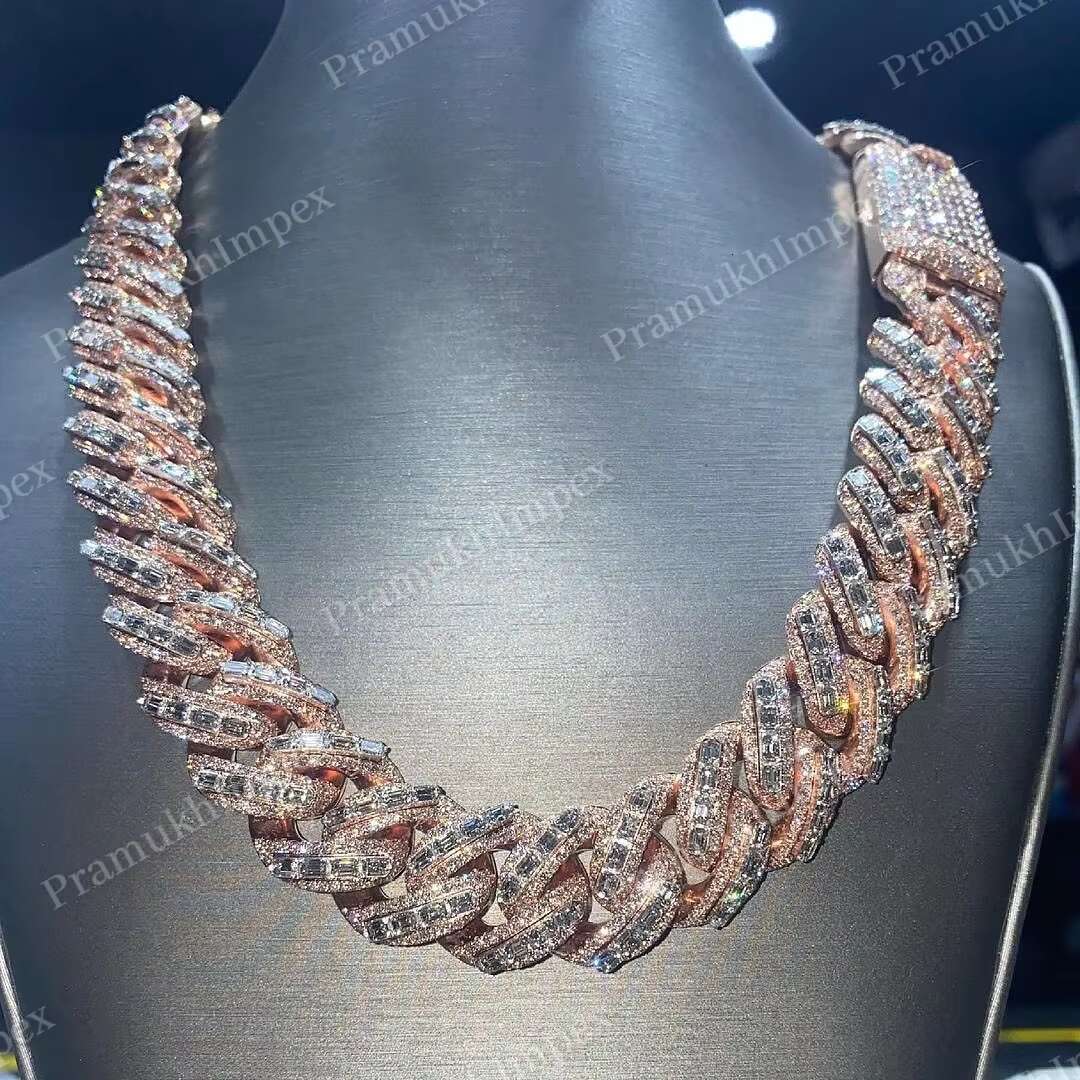 Sterg Sier Iced Out Baguette Cut Custom Solid Rose Gold Plated VVS Moissanite Hip Hop k Miami Cuban Chain for Rapper