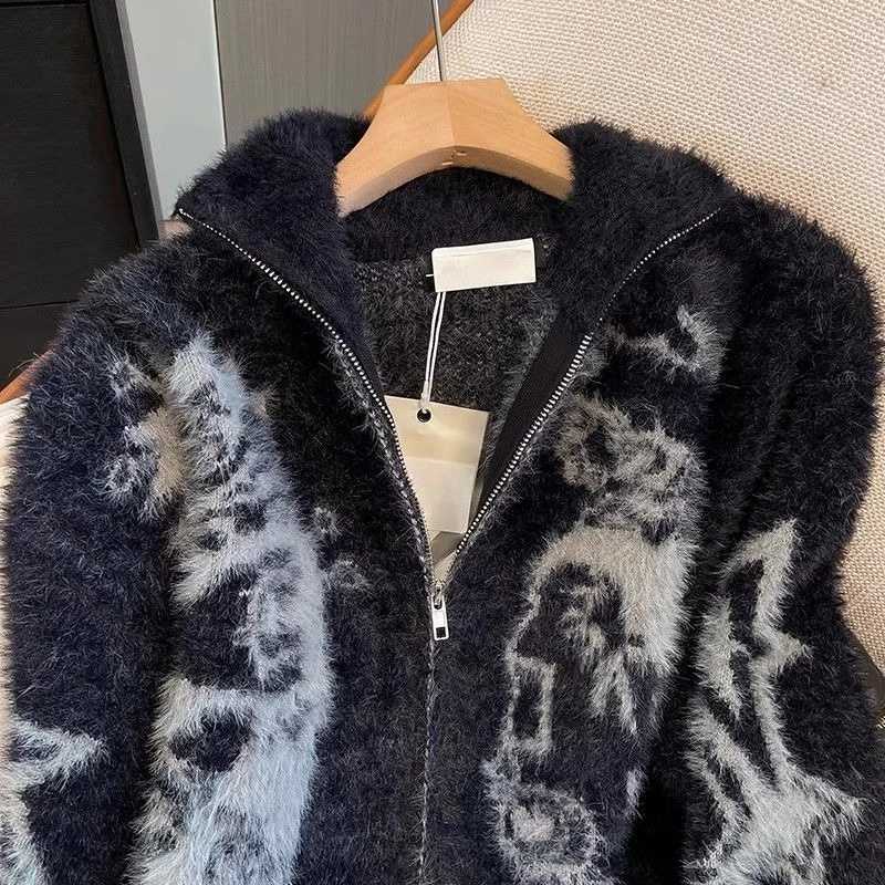 Fashion Y2k American Vintage Gothic Print Autumn Winter Sweaters Cardigan 2000s Subculture Loose Casual Long Sleeve Zipper Cardigan Chic Y251110