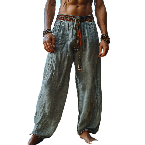 European mens solid color holiday summer loose and breathable pure cotton style mens casual pants